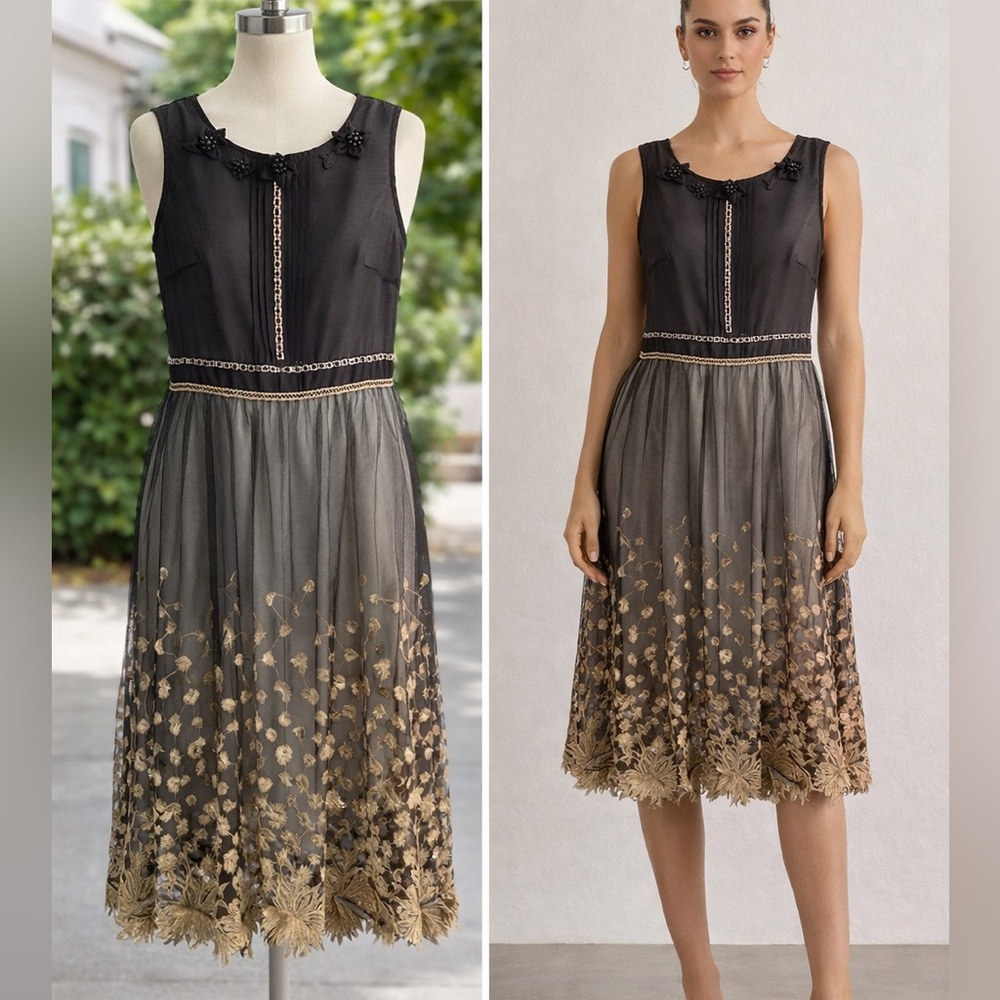 SIZE S/M Elegant Black & Gold 100% Silk Dress Embroidered Mesh Overlay Cocktail